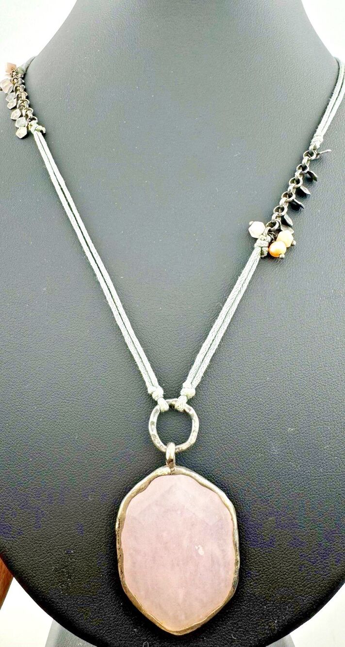Silpada Pink Rose Quartz Hexagon Pendant Necklace Sterling Silver Gray Cord 22"